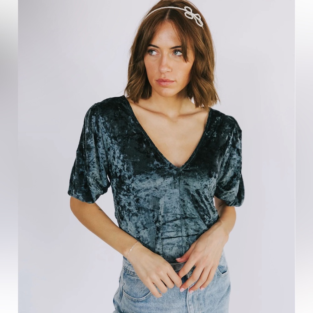 Free People Don’t You Wish Velvet Bodysuit in Deep Teal